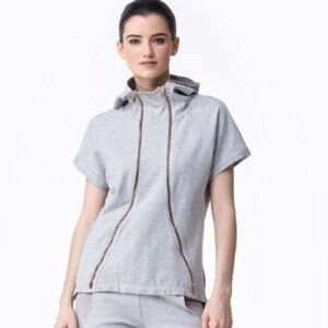 Lime & Vine Short Sleeve Grey Hoodie Multi Zip Front Sweater Women's Medium